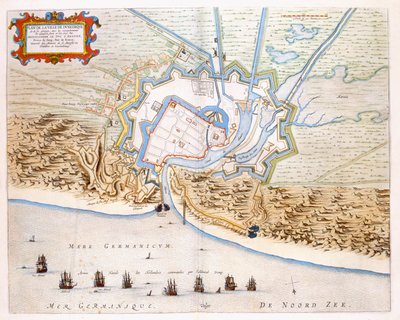 City of Dunkirk during the Spanish domination: plan showing the coastal defences, castle, and bastion fortifications by Joan Blaeu
